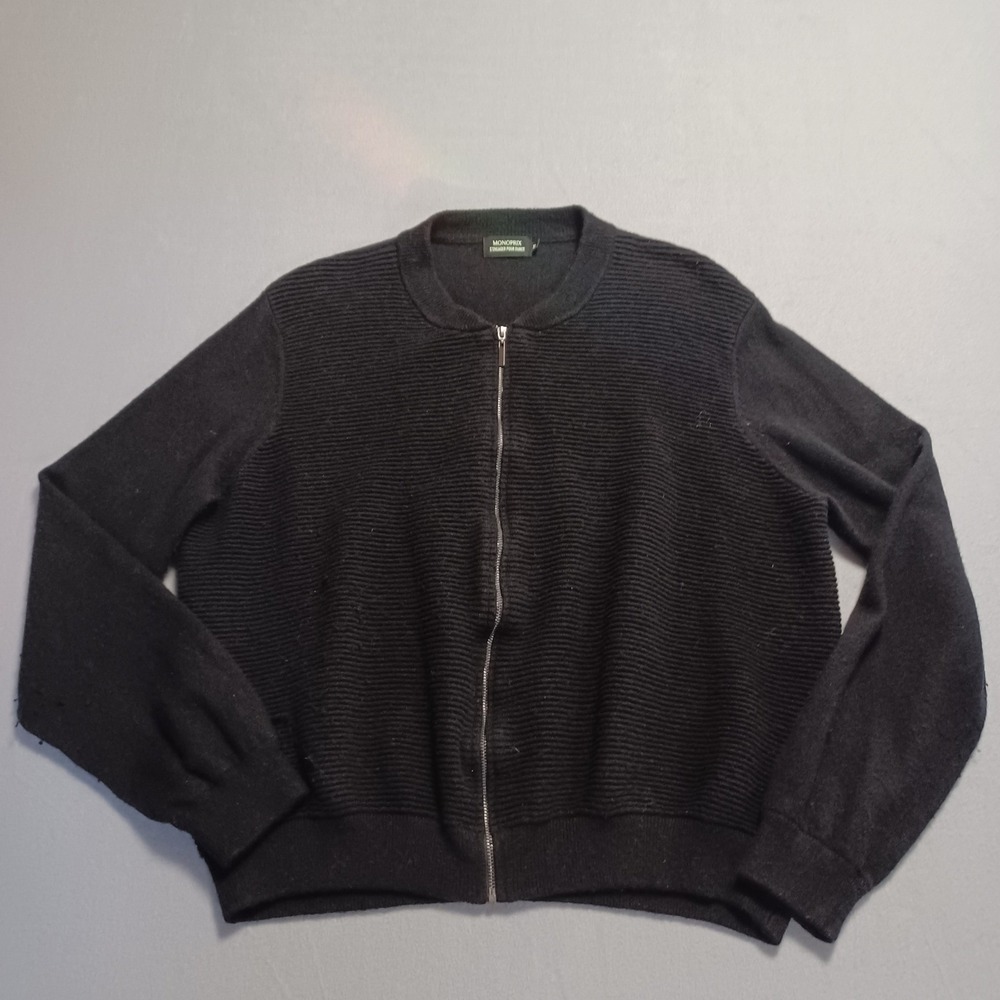 Monoprix Mens XL Full Zip Knit Cardigan Sweater Black Ribbed Textured Bomber‎